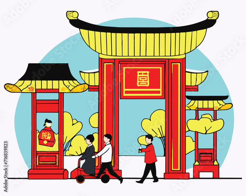 Happy China new year 2024, Red Chinese gate and people around it