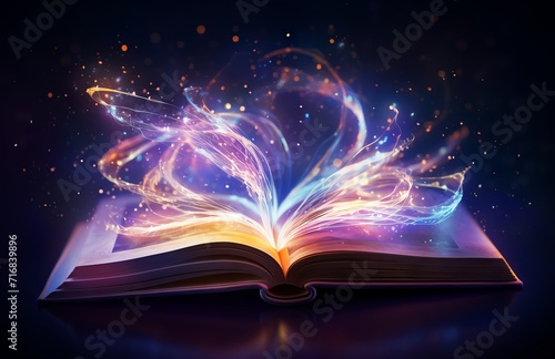Open book with magic light and smoke on dark background. © Darcraft