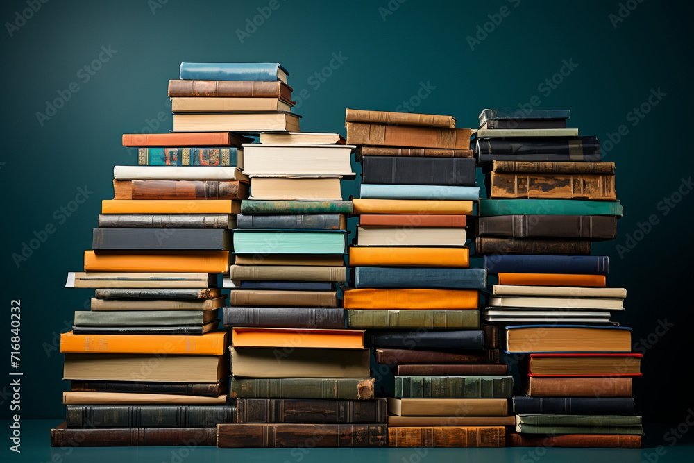 Pile of old books on wooden table over blue background. Education concept Pile of old books on wooden table over blue background. Education concept