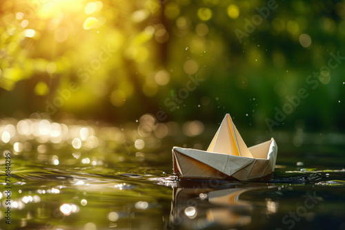 A white paper boat floats on the water at sunset against the backdrop of the forest. Concept template of spring time, travel, children's play with place for text