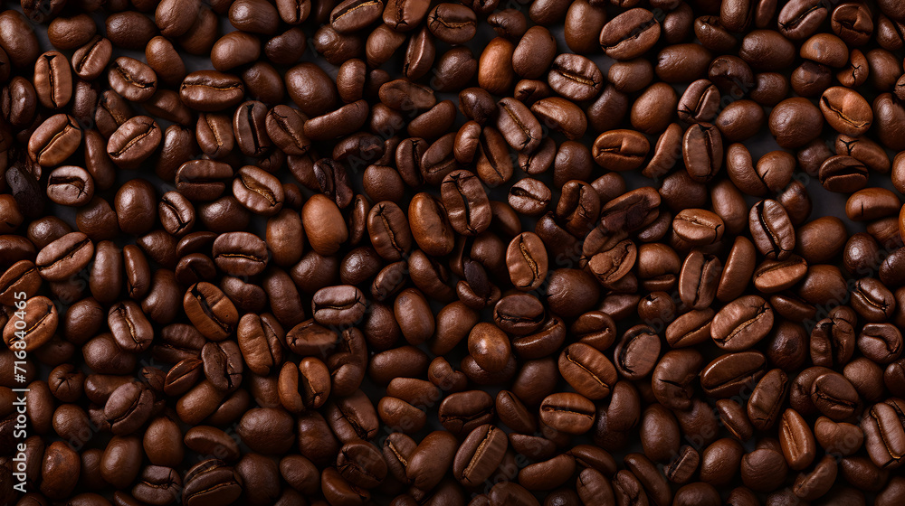 Top view of brown coffee beans scattered on the surface.