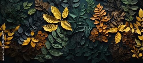 a close up of an arrangement of black, green and yellow leaves, in the style of layered textural surfaces, muted color palettes, felt creations, naturalistic landscape backgrounds, use of paper