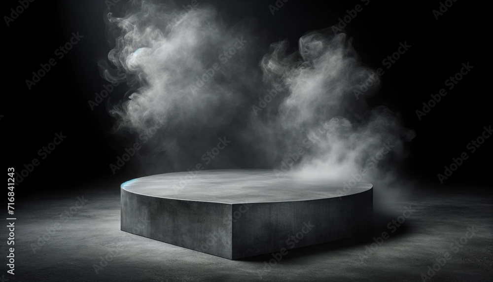Gray textured concrete platform, podium or table with smoke in the dark 