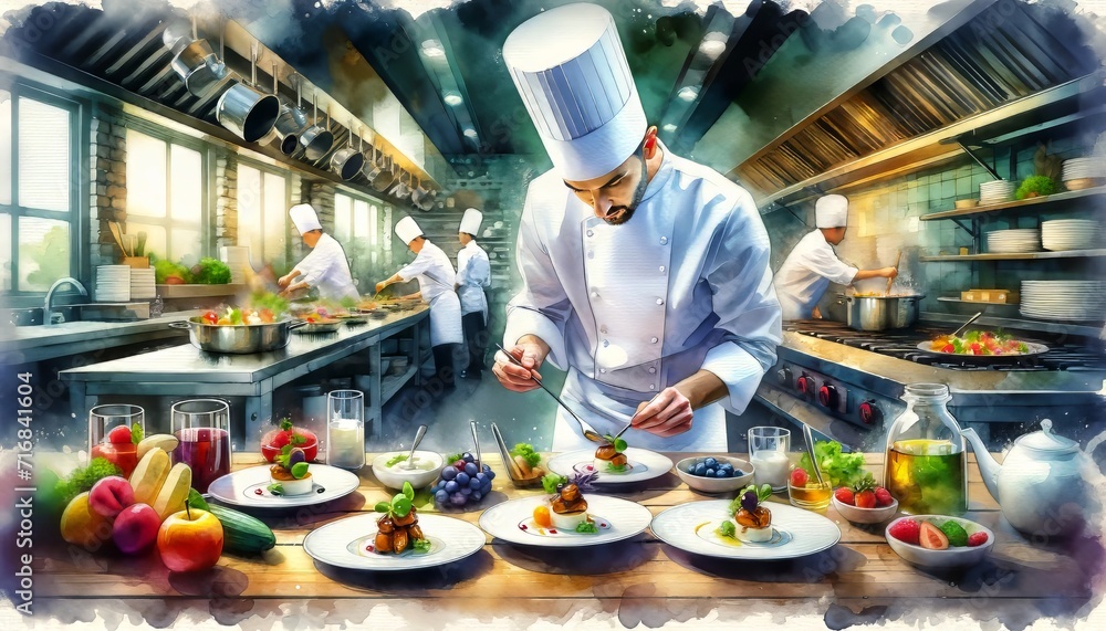 The image shows a focused chef meticulously garnishing dishes in a professional kitchen. The image shows a focused chef meticulously garnishing dishes in a professional kitchen.