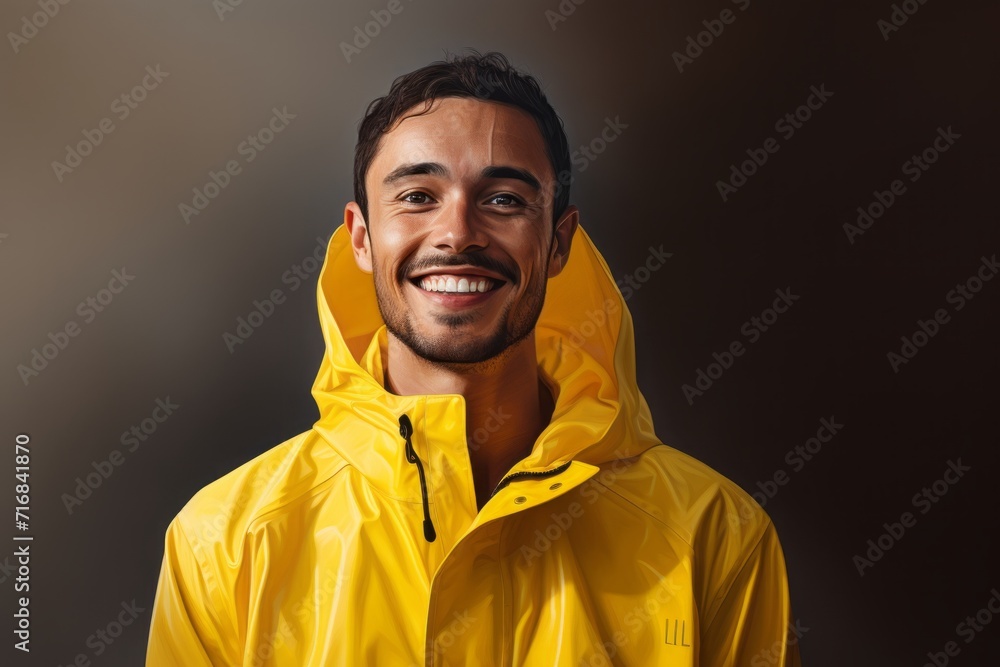 Portrait of a cheerful man in his 20s wearing a lightweight packable anorak against a minimalist or empty room background. AI Generation Portrait of a cheerful man in his 20s wearing a lightweight packable anorak against a minimalist or empty room background. AI Generation