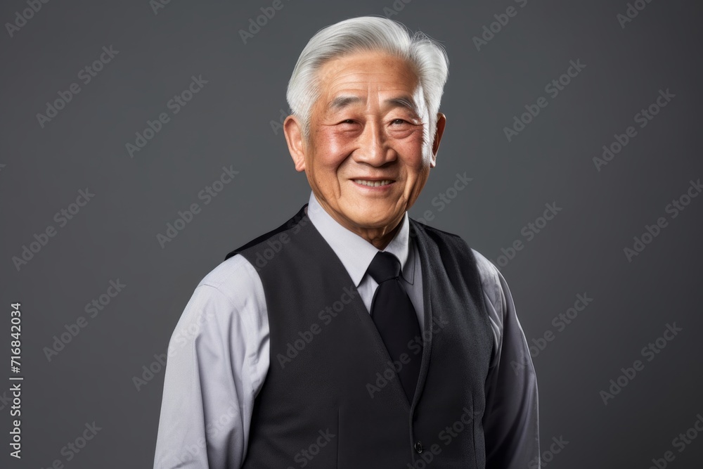 Portrait of a cheerful asian elderly man in his 90s dressed in a polished vest against a minimalist or empty room background. AI Generation Portrait of a cheerful asian elderly man in his 90s dressed in a polished vest against a minimalist or empty room background. AI Generation