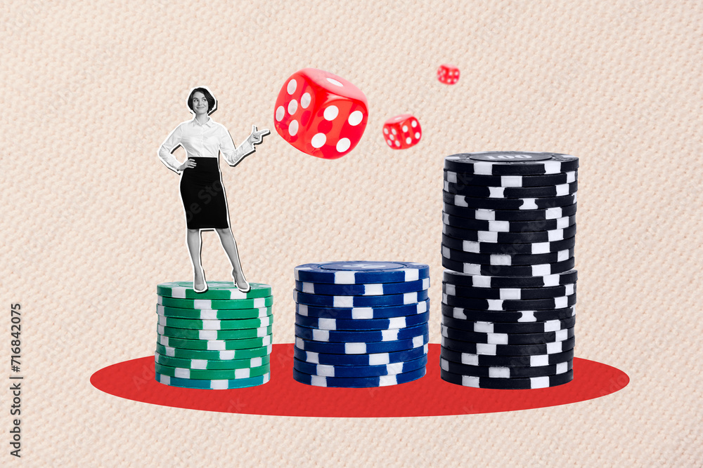 Obraz premium Creative collage poster illustration black white effect miniature joyful happy young lady watch game poker gambling stack white background