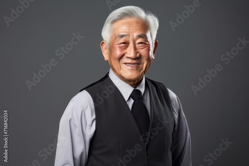 Portrait of a cheerful asian elderly man in his 90s dressed in a polished vest against a minimalist or empty room background. AI Generation © CogniLens