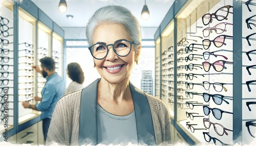 The image showcases a joyful elderly woman trying on glasses at an optician's store.