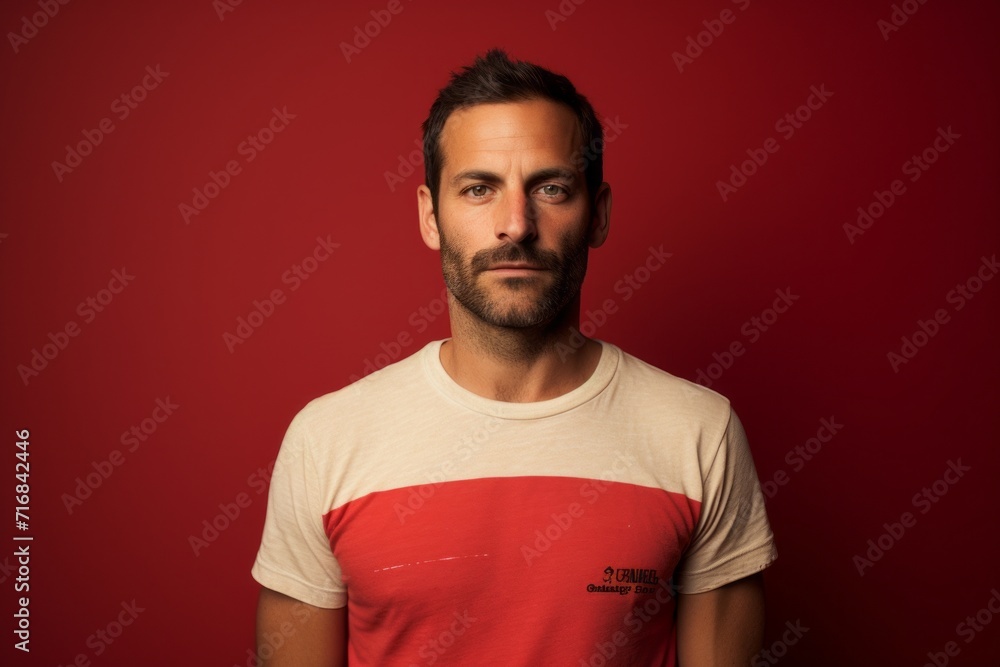 Portrait of a tender man in his 30s sporting a vintage band t-shirt against a solid color backdrop. AI Generation Portrait of a tender man in his 30s sporting a vintage band t-shirt against a solid color backdrop. AI Generation
