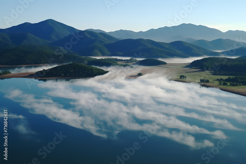 Aerial view of bright foggy...