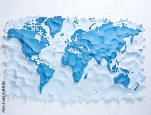 a white outline drawing of the world map in blue color, delicate paper cutouts, industrial and product design, light gray, glazed surfaces, sculpted