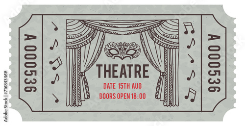 Theatre paper pass in retro style. Vintage ticket
