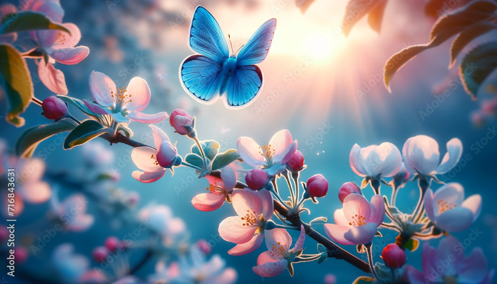 Beautiful blue butterfly in flight over branch of flowering apple tree in spring at Sunrise on light blue and pink background macro. Amazing elegant artistic image nature in spring - obrazy, fototapety, plakaty 