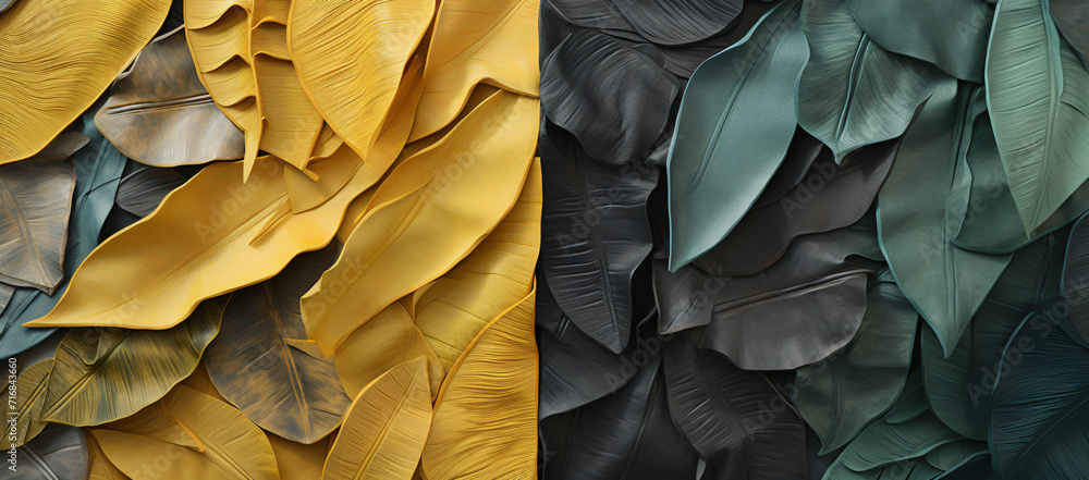 Obraz premium a close up of an arrangement of black, green and yellow leaves, in the style of layered textural surfaces, muted color palettes, felt creations, naturalistic landscape backgrounds, use of paper