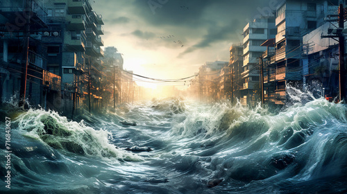 Flood in the city, ocean flow erases the city, destroyed buildings, flood.