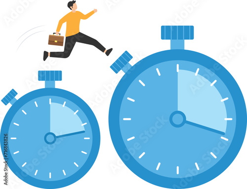 Sense of urgency, Quick response attitude to get work done as soon as possible now, Reaction to priority task or important, Running and jumping high, Countdown timer clock

