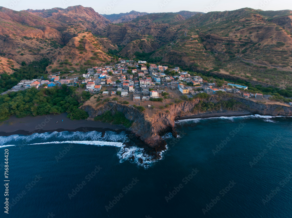 Ribeira Prata, Santiago, Tarrafal, Cape Verde Islands, view of the sea, mountains and small village.