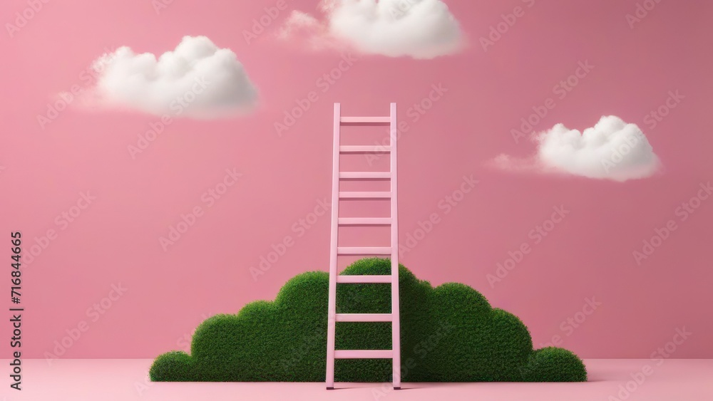 Step ladder leading to clouds . Growth, future, development concept. Minimal pink compostition.  generative, ai.