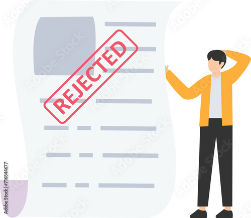 Job application rejected, Disqualified or resume declined, HR human resource or hiring manager, interview failure, Standing with his rejected resume document