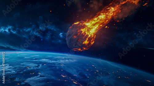 Giant incandescent asteroid is approaching blue planet and begins to burn in dense layers of atmosphere. Celestial body begins to fall apart, burning tail looks like comet. Armageddon. Copy space.