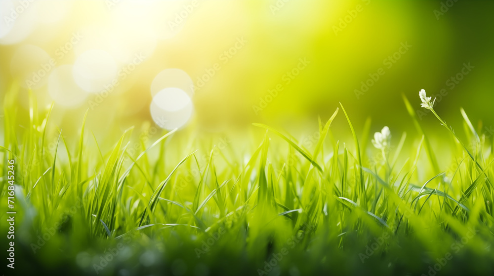 spring green grass and sun background, blurr with bokeh and focus flares