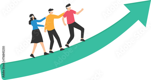 Blindly following, Confusion or unknown situations, Bad leadership, failure or mistake, struggle, Trouble or hopeless direction, Blindfold follow leader in crisis or despair

