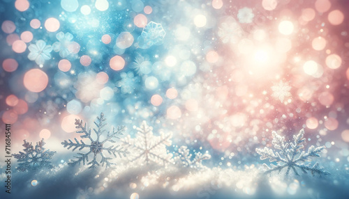 Winter gentle sparkle snowy blurry background in light blue pink tones. Christmas backdrop defocused with beautiful light, abstract shiny snowflakes flake of snow in blur, copy space.