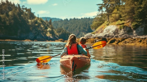 friends in a kayak open a beautiful lake with beautiful mountains in the background in high resolution and quality, extreme sports concept in nature