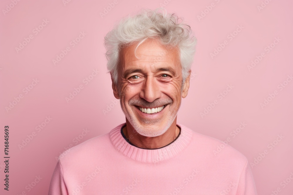 Portrait of a grinning man in his 80s showing off a thermal merino wool top against a solid color backdrop. AI Generation Portrait of a grinning man in his 80s showing off a thermal merino wool top against a solid color backdrop. AI Generation