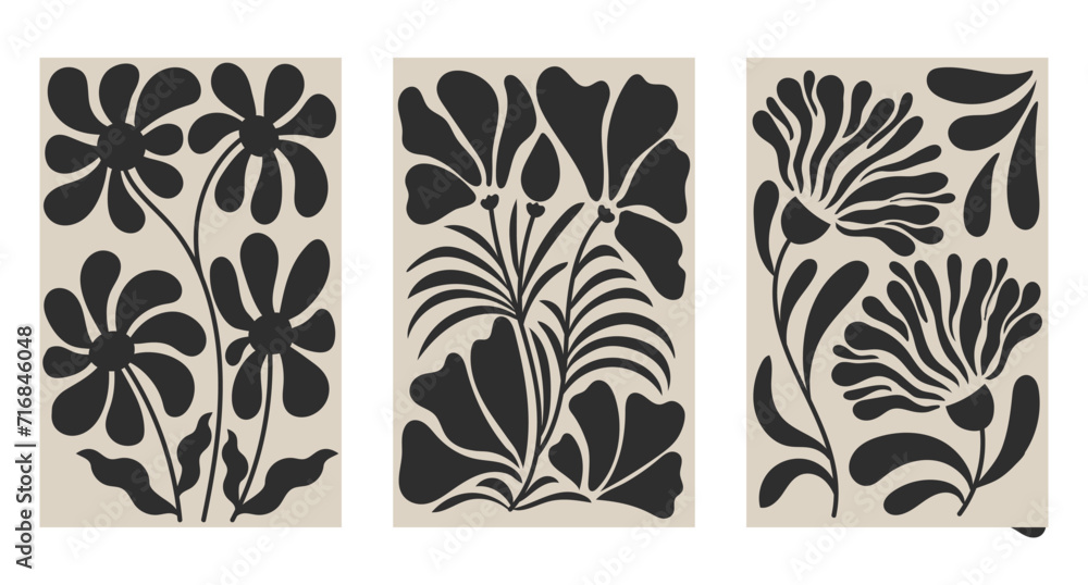 Set of wall posters. Contemporary tapestries with bohemian flowers and plants. Wall posters in the style of Matisse. Retro botanical print. Vector