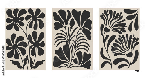 Set of wall posters. Contemporary tapestries with bohemian flowers and plants. Wall posters in the style of Matisse. Retro botanical print. Vector