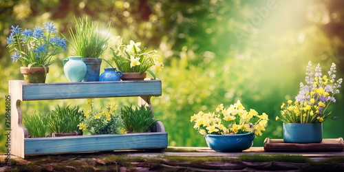 Natural summer garden banner with plants. Flover pots an wooden shelf. photo