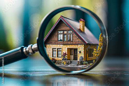 Magnifying glass on house model, real estate selection concept 