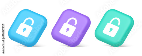 Open lock button cyberspace password security protection service 3d realistic isometric icon