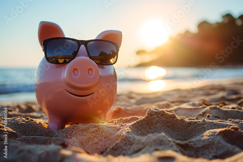 A piggy bank wearing sunglasses at the beach at sunset, depicting the concept of financial freedom or saving up for a vacation photo