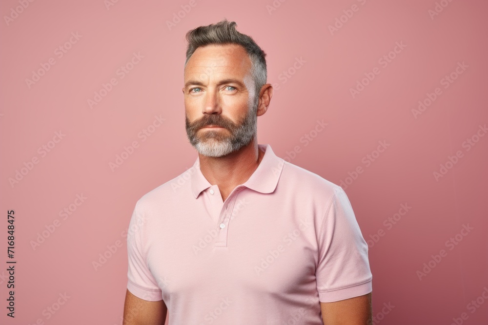 Portrait of a content man in his 40s wearing a breathable golf polo against a solid pastel color wall. AI Generation Portrait of a content man in his 40s wearing a breathable golf polo against a solid pastel color wall. AI Generation