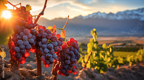 Landscape of Malbec grape plantation Argentina at sunset with the Andes mountain range