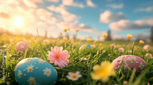 Easter eggs and spring flowers on green meadow.