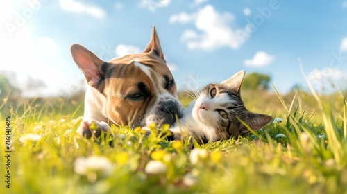Cute beagle dog and cat lying on green grass under blue sky #716848495