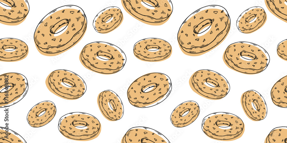 Line vector illustration beige donuts pattern seamless, fextile, fabric, wrapping paper, wallpaper, cafe Line vector illustration beige donuts pattern seamless, fextile, fabric, wrapping paper, wallpaper, cafe