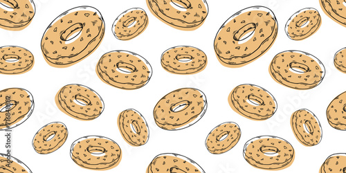 Line vector illustration beige donuts pattern seamless, fextile, fabric, wrapping paper, wallpaper, cafe