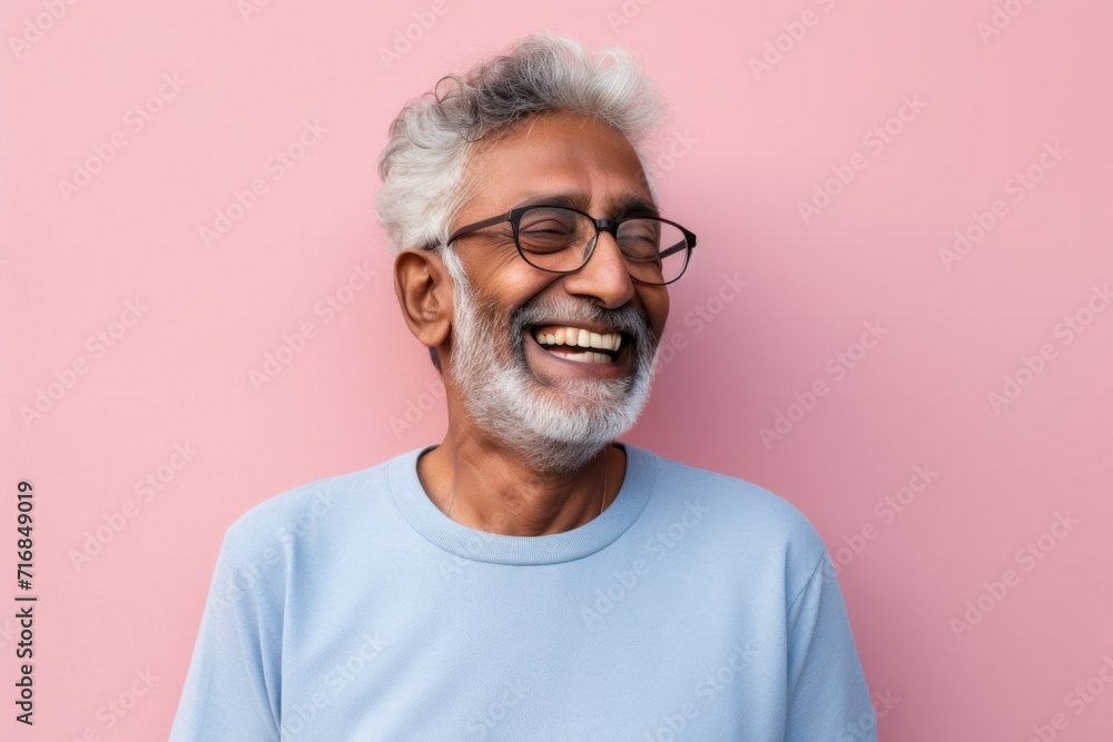 Portrait of a happy indian man in his 80s showing off a thermal merino wool top against a solid pastel color wall. AI Generation Portrait of a happy indian man in his 80s showing off a thermal merino wool top against a solid pastel color wall. AI Generation