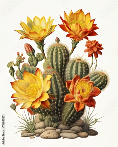 A colorful photorealistic cactus plant with yellow and red flowers