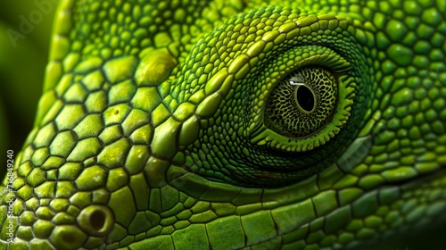 Green lizard close-up, macro shot of an iguana's head