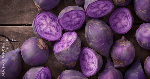 ube purple, sweet potatoe, japanese, healthy trend bio, top view pattern background photo