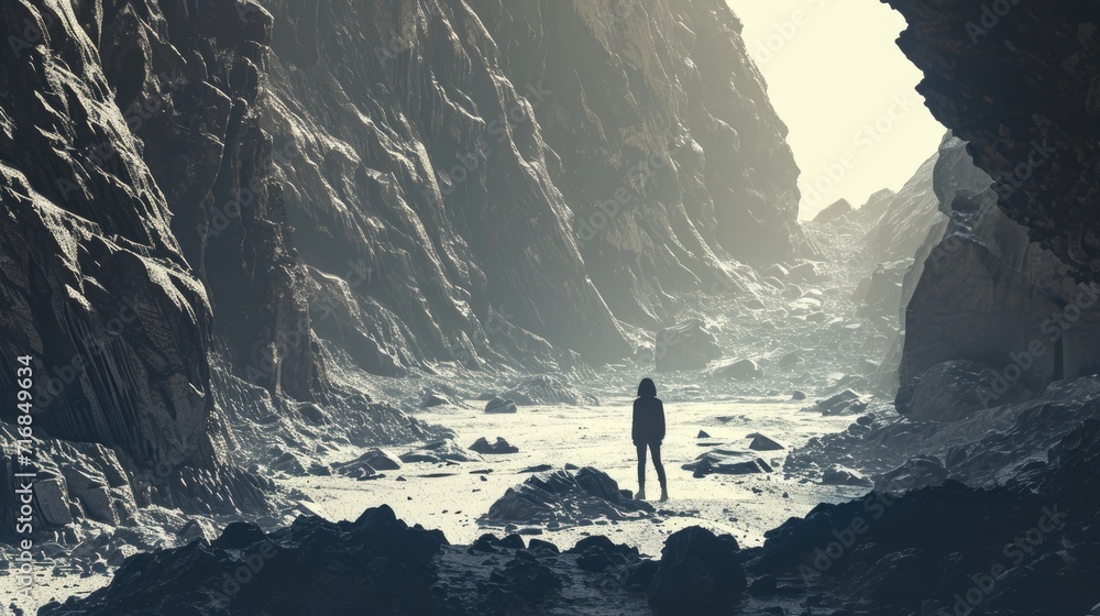 Digital composite of Woman standing alone in a cave with mountains in background