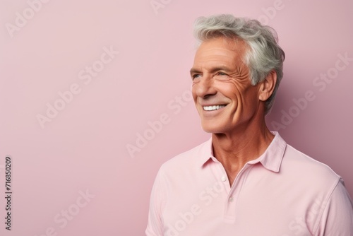 Portrait of a cheerful man in his 60s wearing a simple cotton shirt against a solid pastel color wall. AI Generation