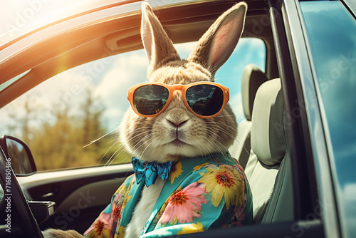 Niedlicher Osterhase mit Sonnenbrille schaut aus einem mit Ostereiern gefüllten Auto © FJM