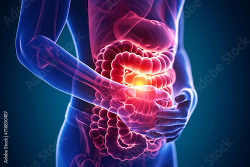 Gastrointestinal complaints concept, a woman holding her stomach, hologram intestines depicting abdominal pain or discomfort